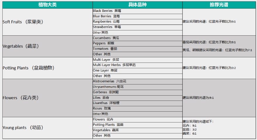 常見農作物的紅藍光配比